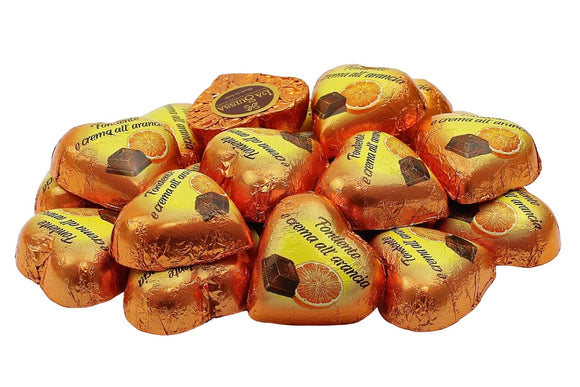 CUORI ARANCIO DI CIOCCOLATO FONDENTE RIPIENI CREMA ALL'ARANCIA 12g SENZA GLUTINE BUSTA KG 1  La Suissa in vendita online