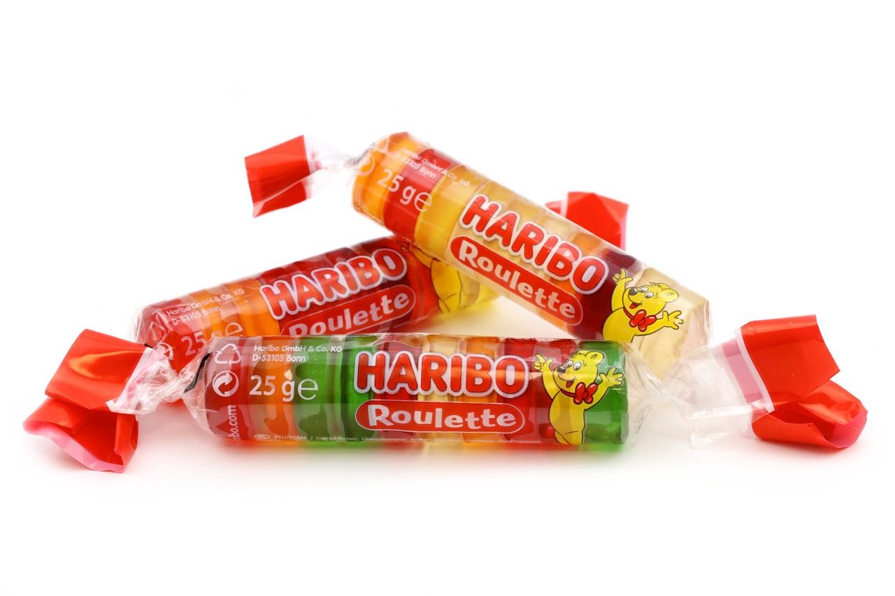 ROULETTE STICK CARAMELLE GOMMOSE LUCIDE INCARTATE Pz 50 x 25g Haribo –  Caramel Party